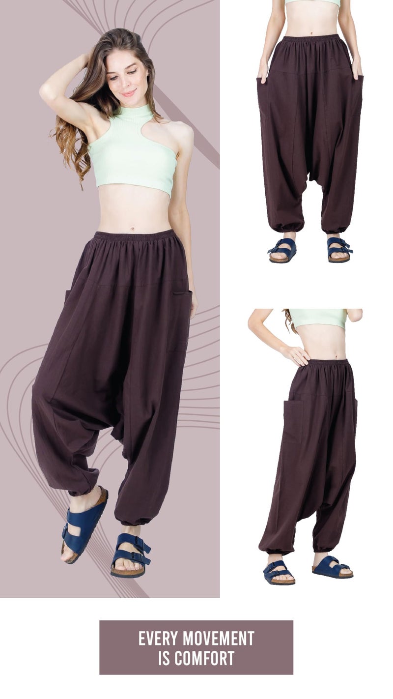 CandyHusky Women Cotton Harem Pants Casual Elastic Waist Boho Pants ComfortSoft - Dark Brown - Image 2
